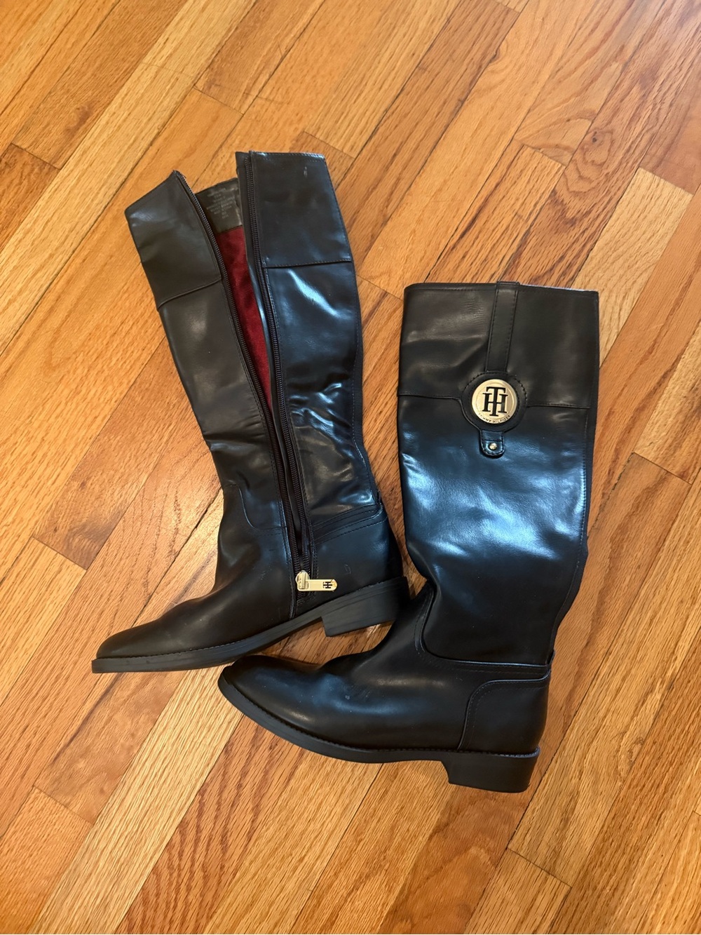Tommy Hilfiger Black Leather Knee Boots with Gold TH Emblem